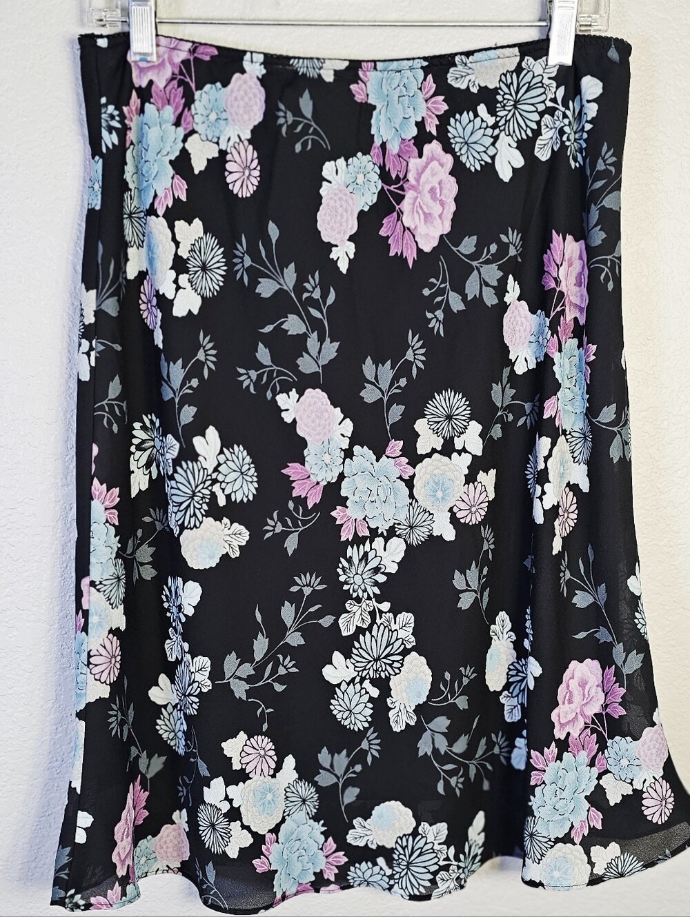 Hillard & Hanson Black Floral Midi Skirt Medium Y2K Romantic Stretch Waist